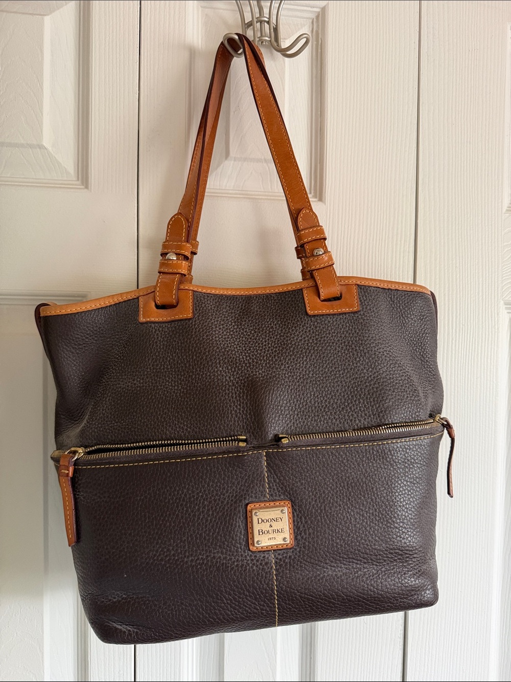 Dooney & Bourke Dark Brown Leather Tote with Tan Trim